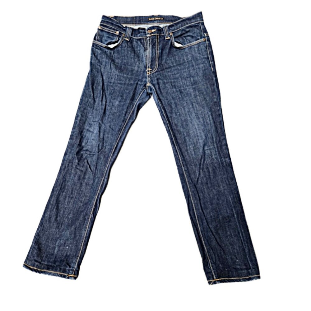Nudie Jeans Mens 33x32 Straight leg Raw Dark Denim Indigo Organic Cotton Blue Je